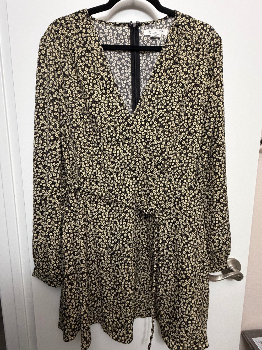 ASOS Long Sleeve V Neck Mini Dress in Black and Yellow Micro Floral